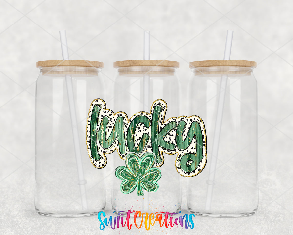 Lucky Shamrock clear glass tumbler group mockup with bamboo lids and straws