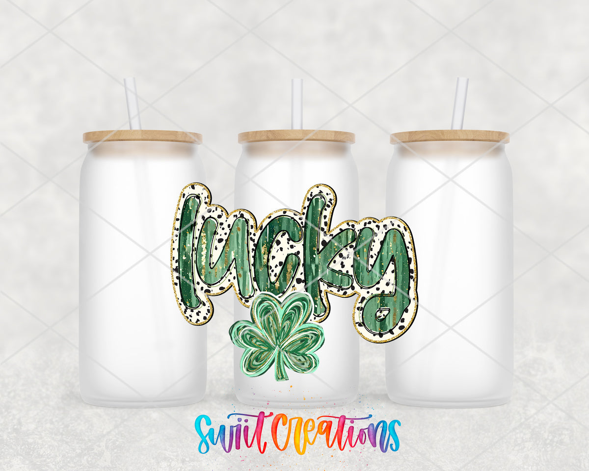 Lucky Shamrock frosted glass tumbler group view with lids and straws