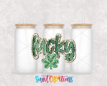 Lucky Shamrock frosted glass tumbler group view with lids and straws