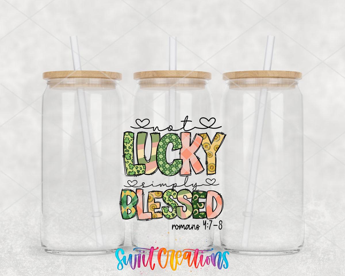 Not Lucky Simply Blessed clear glass tumbler group mockup with bamboo lids and straws