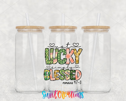 Not Lucky Simply Blessed clear glass tumbler group mockup with bamboo lids and straws