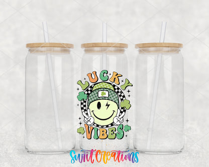 Lucky Vibes clear glass tumbler group mockup with bamboo lids and straws