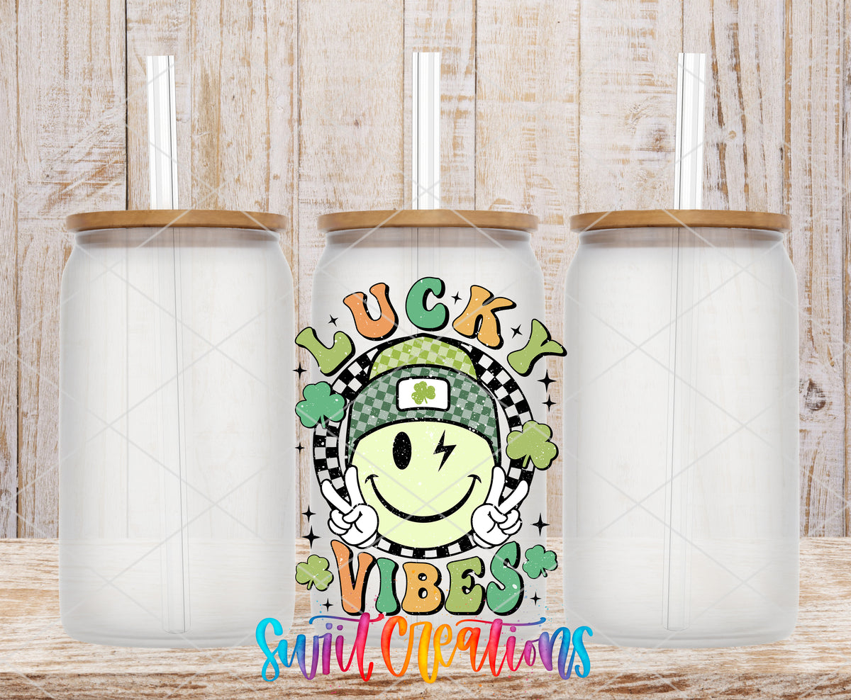 Lucky Vibes frosted glass tumbler mockup with bamboo lids and straws