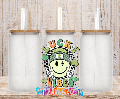 Lucky Vibes frosted glass tumbler mockup with bamboo lids and straws