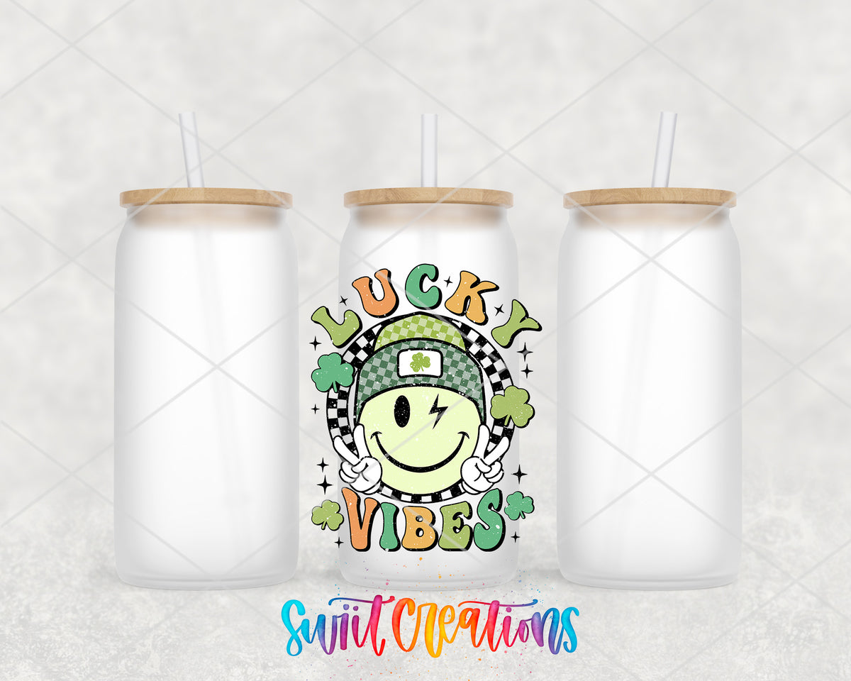 Lucky Vibes frosted glass tumbler group view with lids and straws