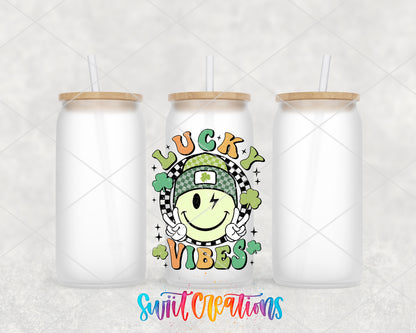 Lucky Vibes frosted glass tumbler group view with lids and straws