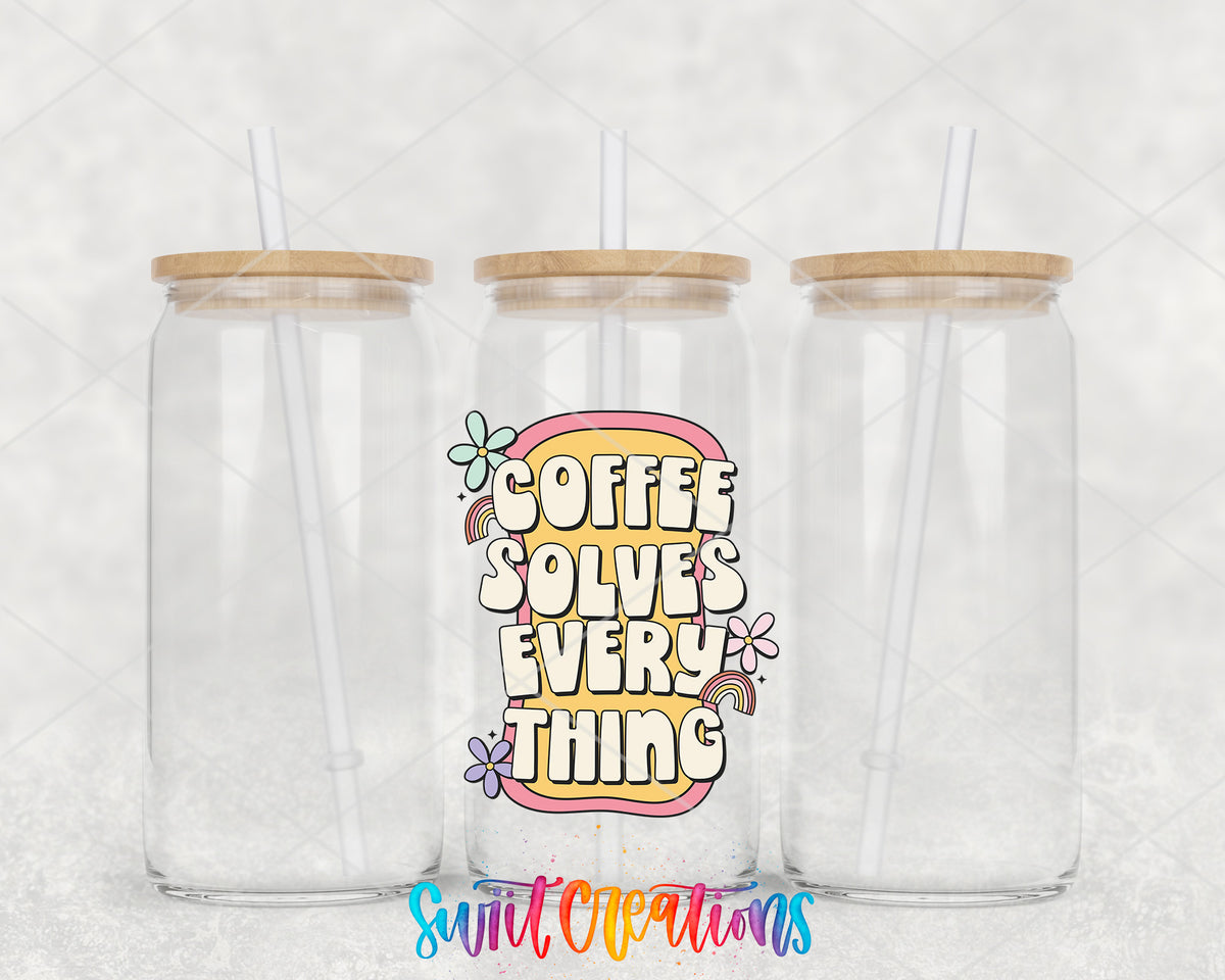 Coffee Solves Everything clear glass tumbler group mockup with bamboo lids and straws