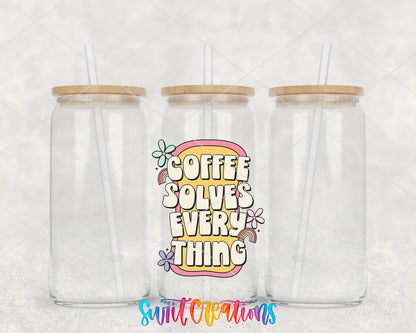Coffee Solves Everything clear glass tumbler group mockup with bamboo lids and straws