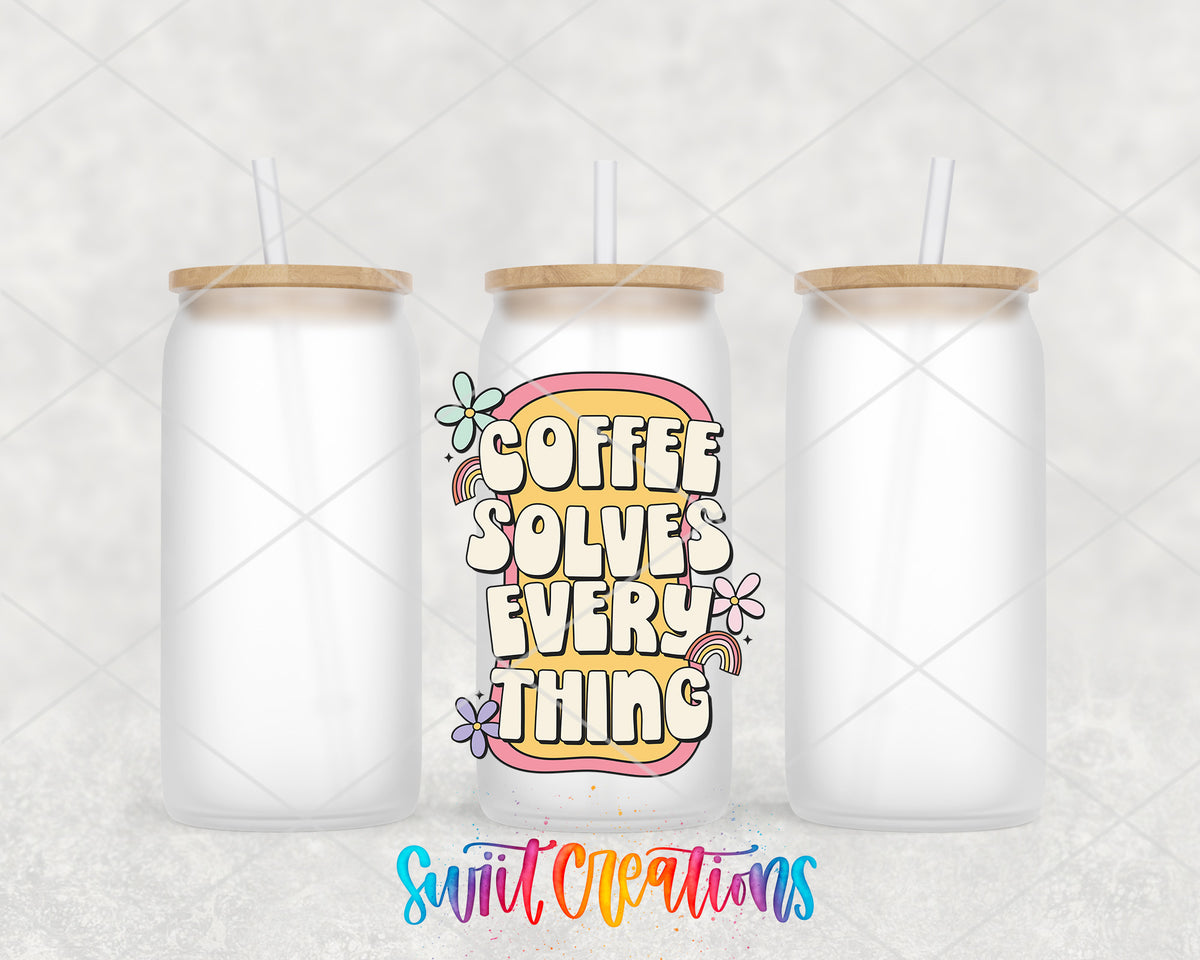 Coffee Solves Everything frosted glass tumbler group view with lids and straws