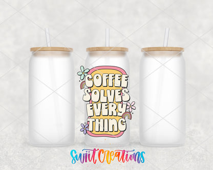 Coffee Solves Everything frosted glass tumbler group view with lids and straws