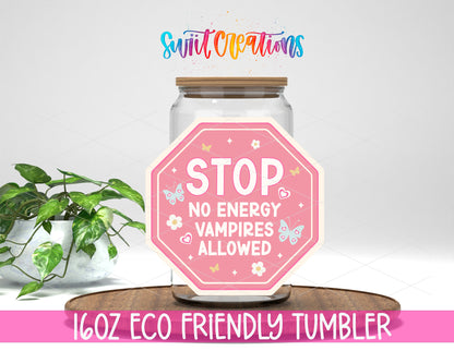 No Energy Vampires Allowed design on a 16 oz clear glass tumbler with bamboo lid