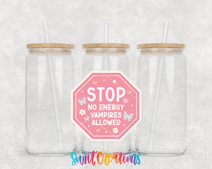 No Energy Vampires Allowed clear glass tumbler group mockup with bamboo lids and straws