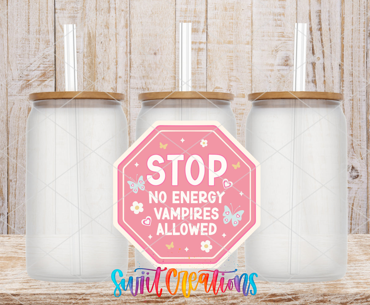 No Energy Vampires Allowed frosted glass tumbler mockup with bamboo lids and straws