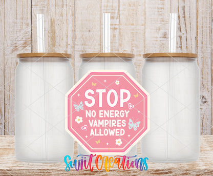 No Energy Vampires Allowed frosted glass tumbler mockup with bamboo lids and straws