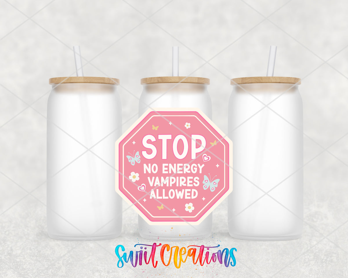 No Energy Vampires Allowed frosted glass tumbler group view with lids and straws