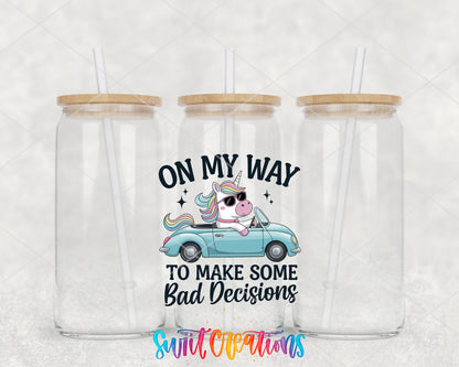 On My Way to Make Bad Decisions clear glass tumbler group mockup with bamboo lids and straws