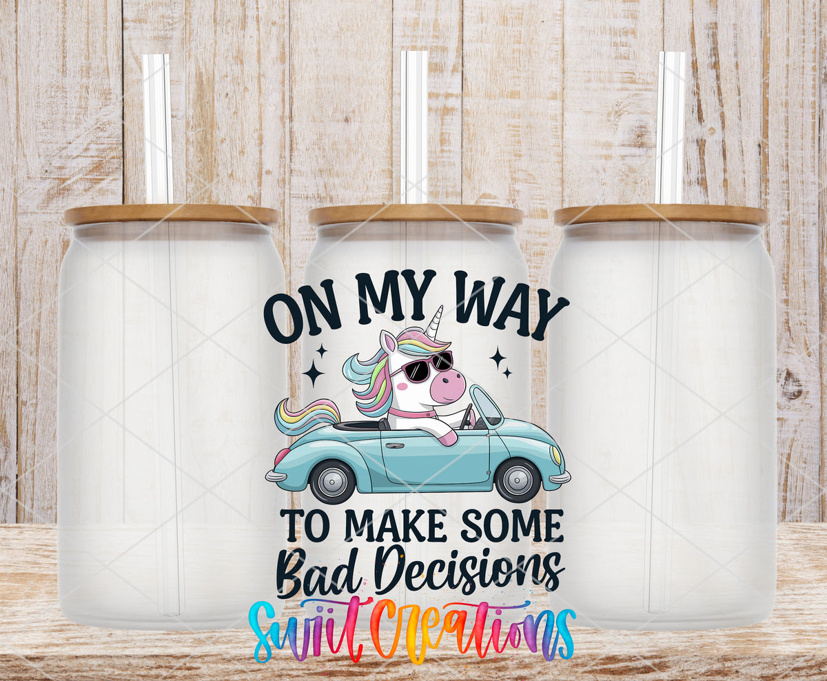 On My Way to Make Bad Decisions frosted glass tumbler mockup with bamboo lids and straws