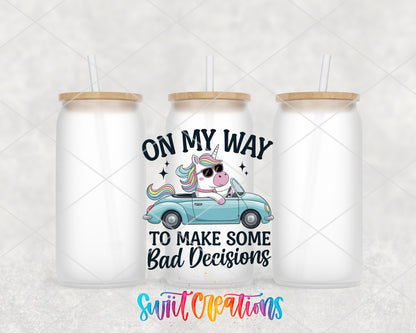 On My Way to Make Bad Decisions frosted glass tumbler group view with lids and straws