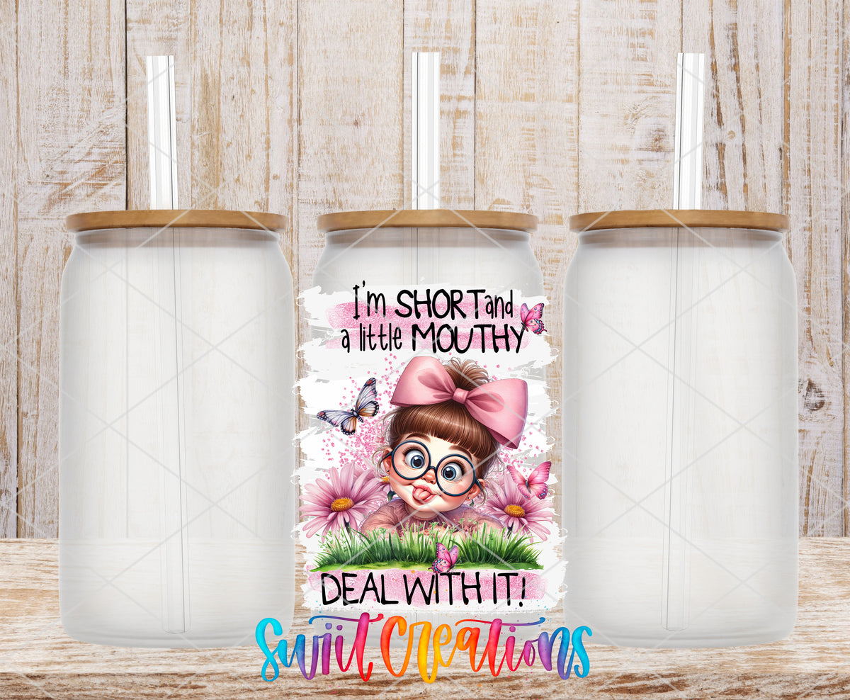 I'm Short and a Little Mouthy frosted glass tumbler mockup with bamboo lids and straws