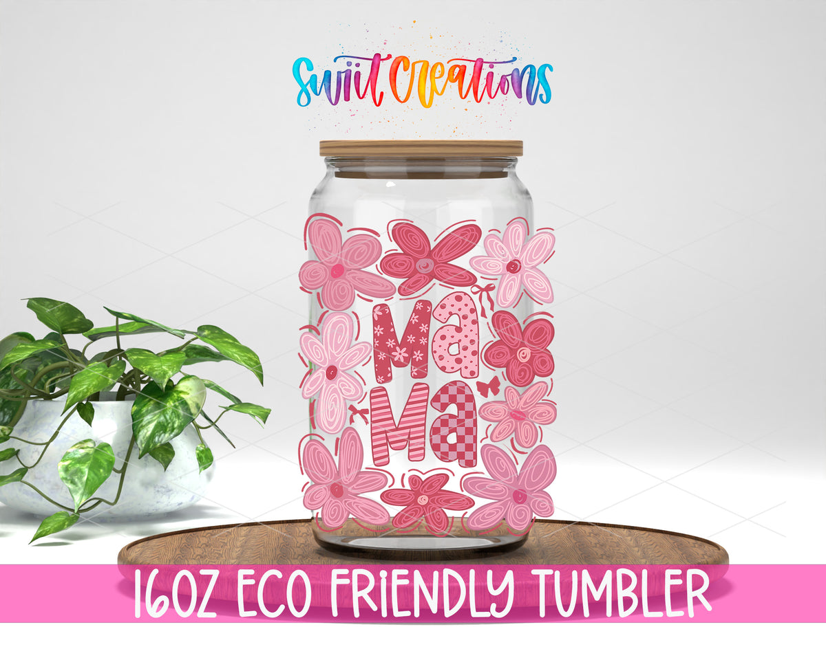 Floral Mama Coquette design on a 16 oz clear glass tumbler with bamboo lid