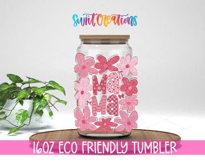 Floral Mama Coquette design on a 16 oz clear glass tumbler with bamboo lid