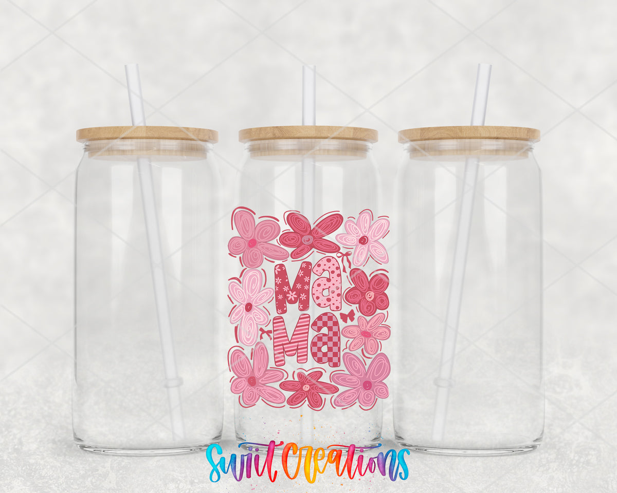 Floral Mama Coquette clear glass tumbler group mockup with bamboo lids and straws