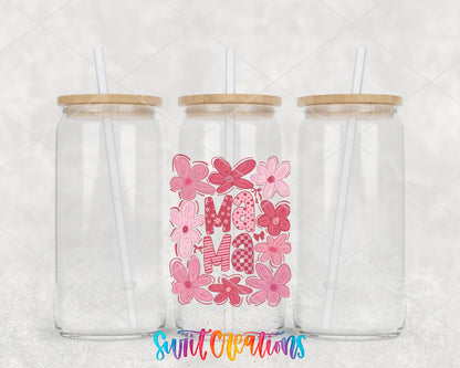 Floral Mama Coquette clear glass tumbler group mockup with bamboo lids and straws