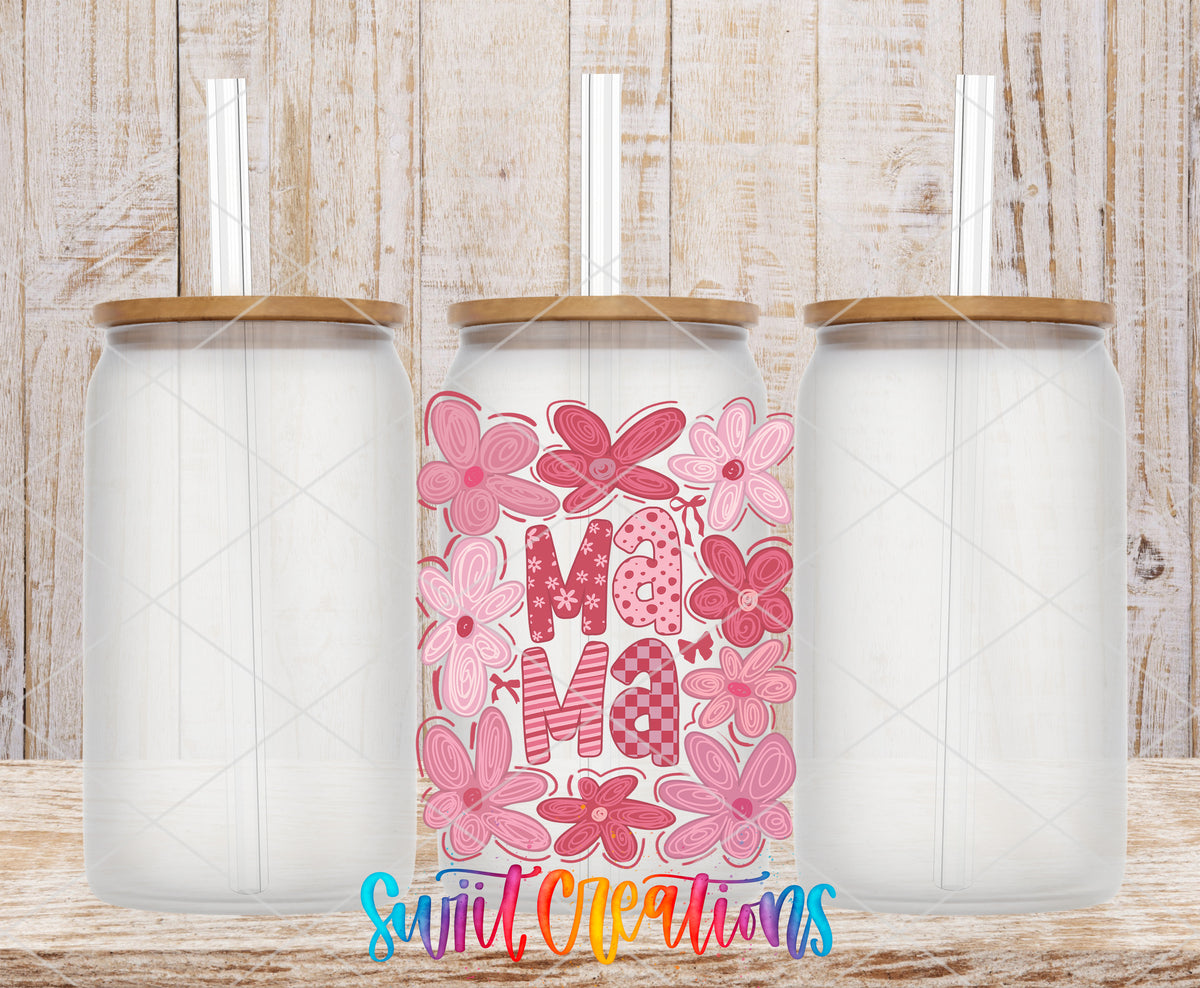 Floral Mama Coquette frosted glass tumbler mockup with bamboo lids and straws