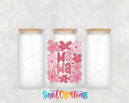 Floral Mama Coquette frosted glass tumbler group view with lids and straws