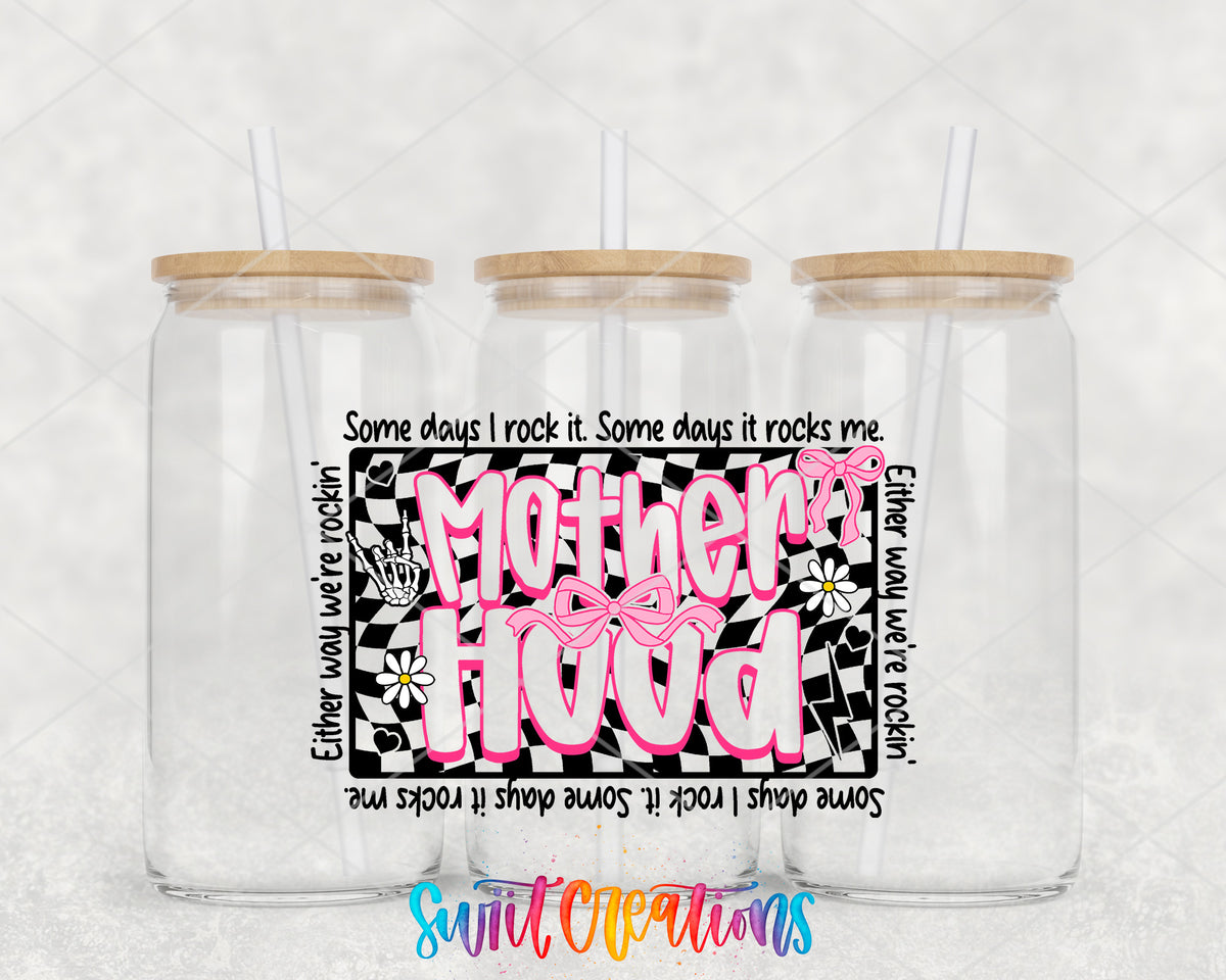 Motherhood clear glass tumbler group mockup with bamboo lids and straws