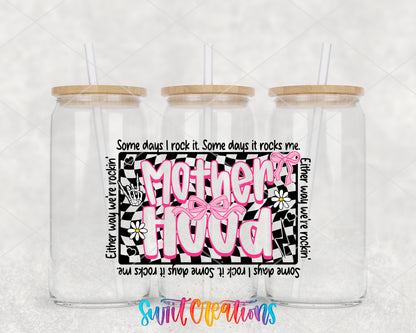 Motherhood clear glass tumbler group mockup with bamboo lids and straws