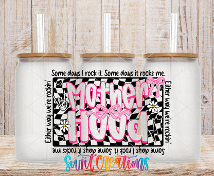 Motherhood frosted glass tumbler mockup with bamboo lids and straws