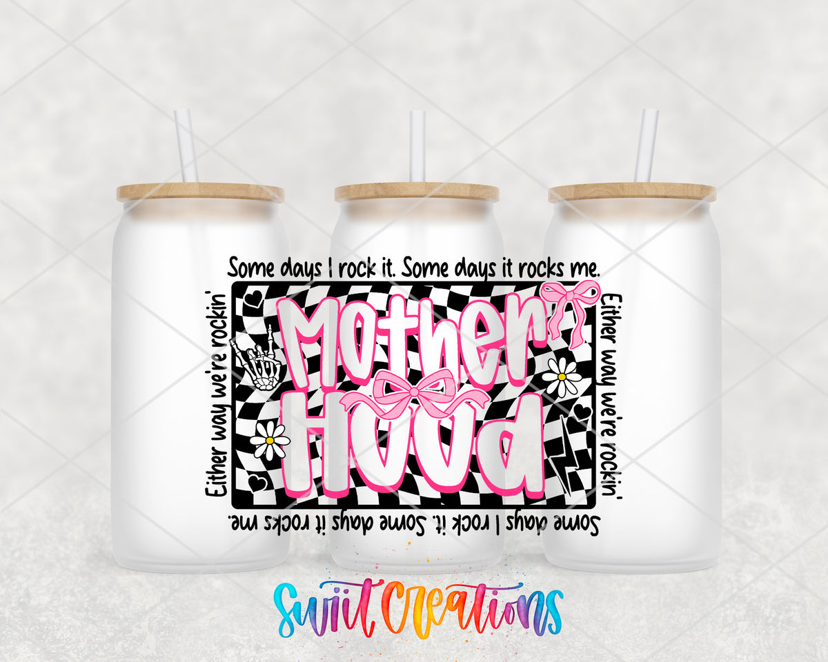 Motherhood frosted glass tumbler group view with lids and straws