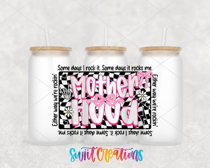 Motherhood frosted glass tumbler group view with lids and straws