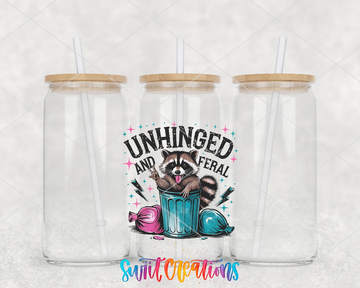 Unhinged and Feral Raccoon clear glass tumbler group mockup with bamboo lids and straws