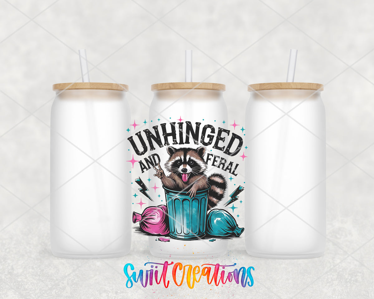 Unhinged and Feral Raccoon frosted glass tumbler group view with lids and straws