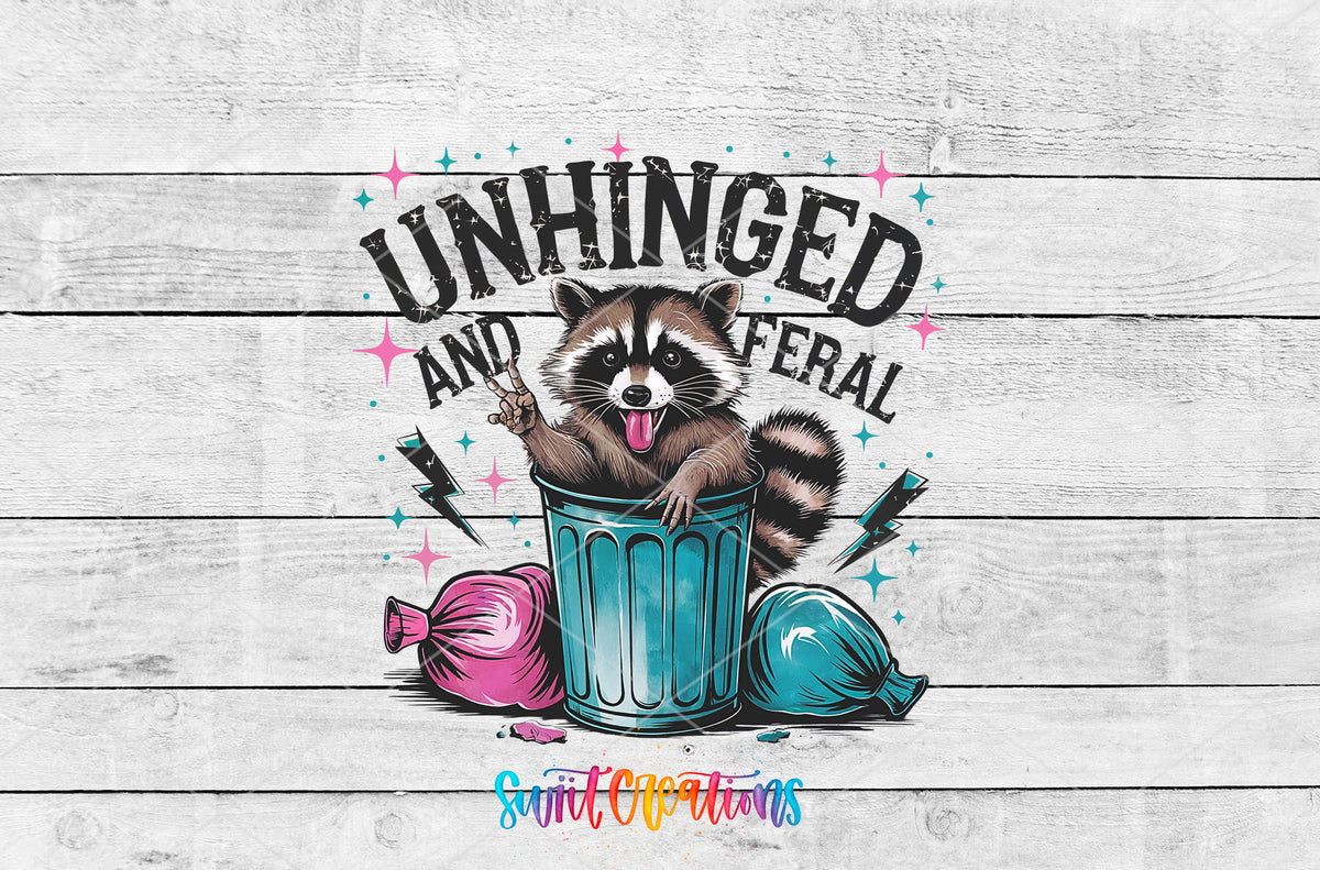 Unhinged and Feral Raccoon artwork detail for the finished 16 oz tumbler