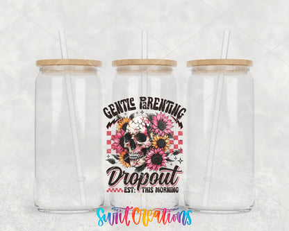 Gentle Parenting Dropout clear glass tumbler group mockup with bamboo lids and straws