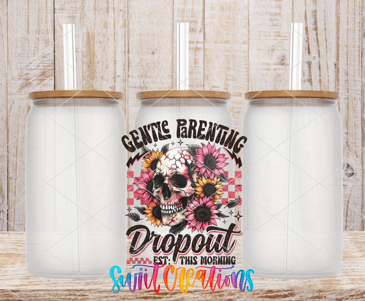 Gentle Parenting Dropout frosted glass tumbler mockup with bamboo lids and straws