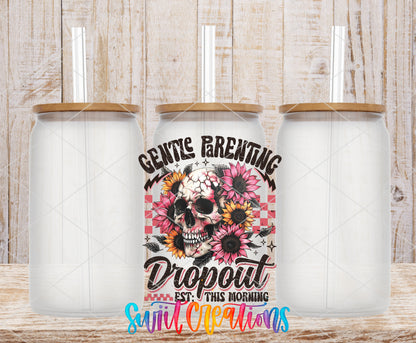 Gentle Parenting Dropout frosted glass tumbler mockup with bamboo lids and straws
