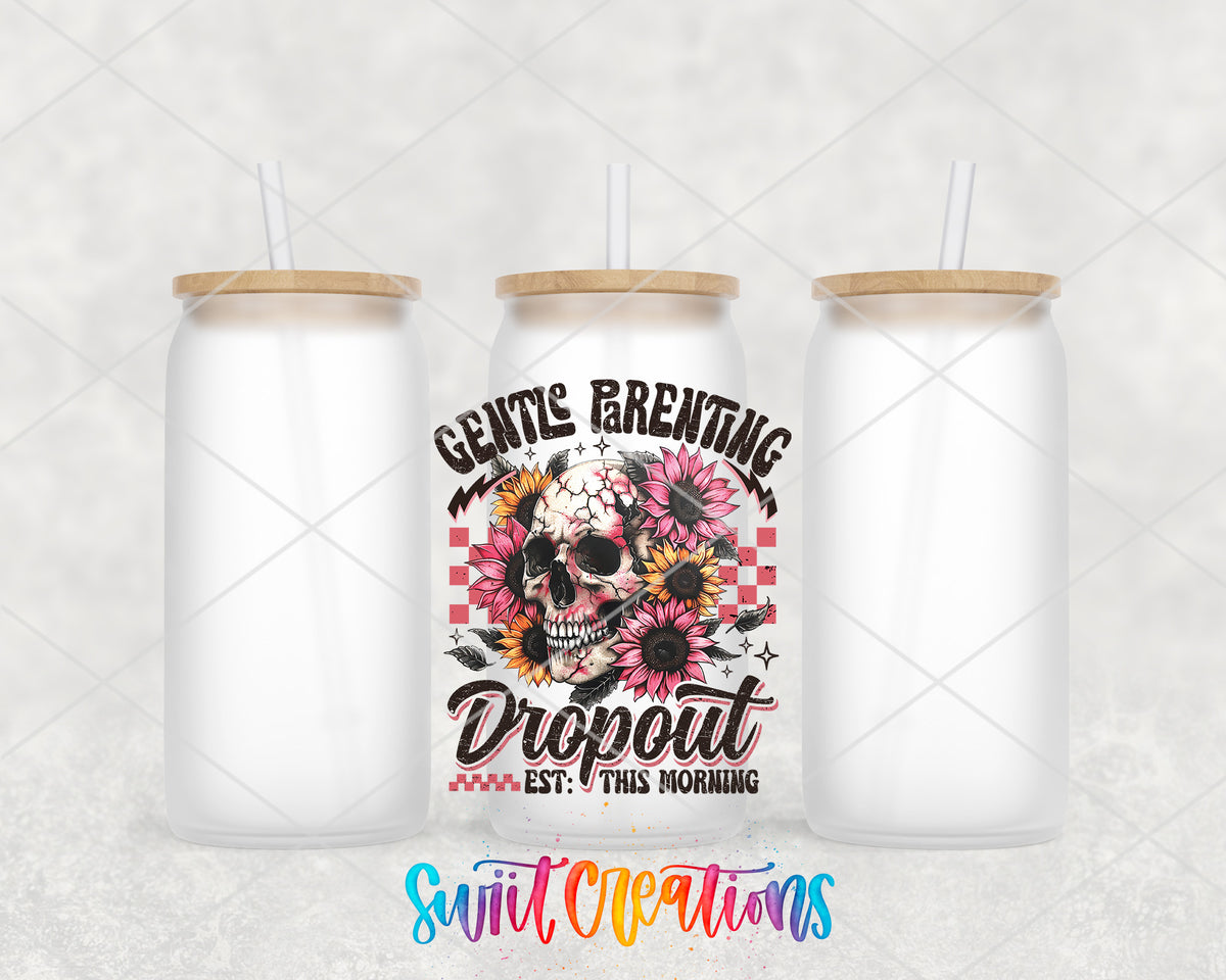 Gentle Parenting Dropout frosted glass tumbler group view with lids and straws