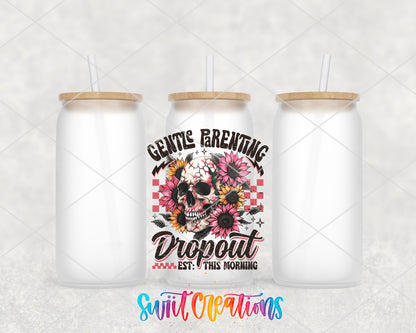 Gentle Parenting Dropout frosted glass tumbler group view with lids and straws