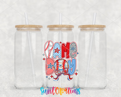 Game Day Baseball clear glass tumbler group mockup with bamboo lids and straws