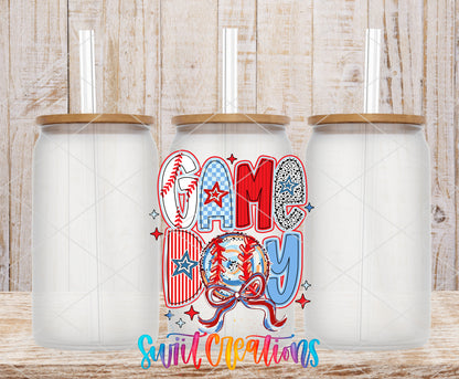 Game Day Baseball frosted glass tumbler mockup with bamboo lids and straws