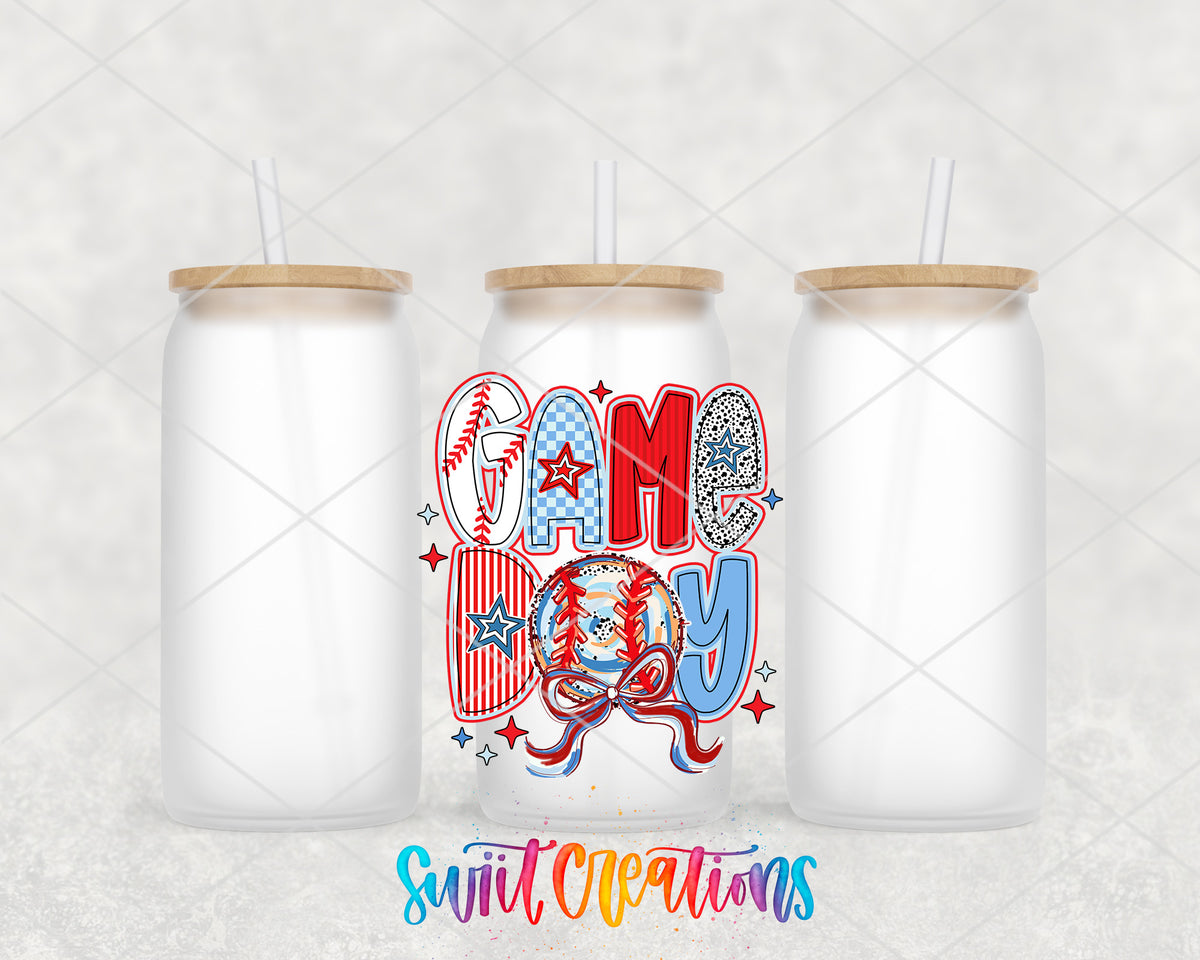 Game Day Baseball frosted glass tumbler group view with lids and straws