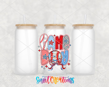 Game Day Baseball frosted glass tumbler group view with lids and straws