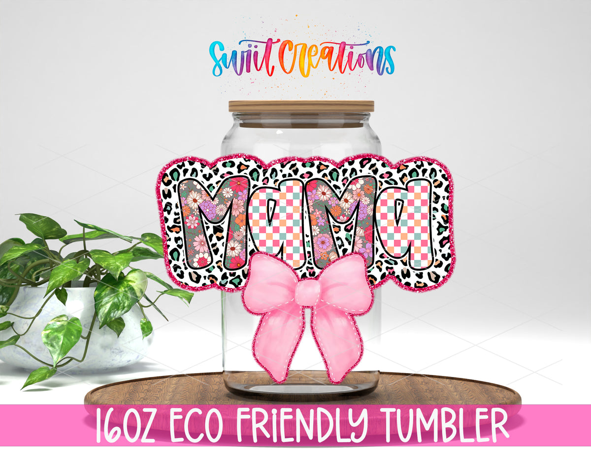Mama Coquette design on a 16 oz clear glass tumbler with bamboo lid