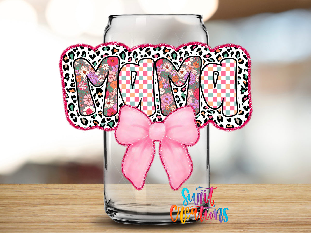 Mama Coquette design close-up on a clear glass can tumbler