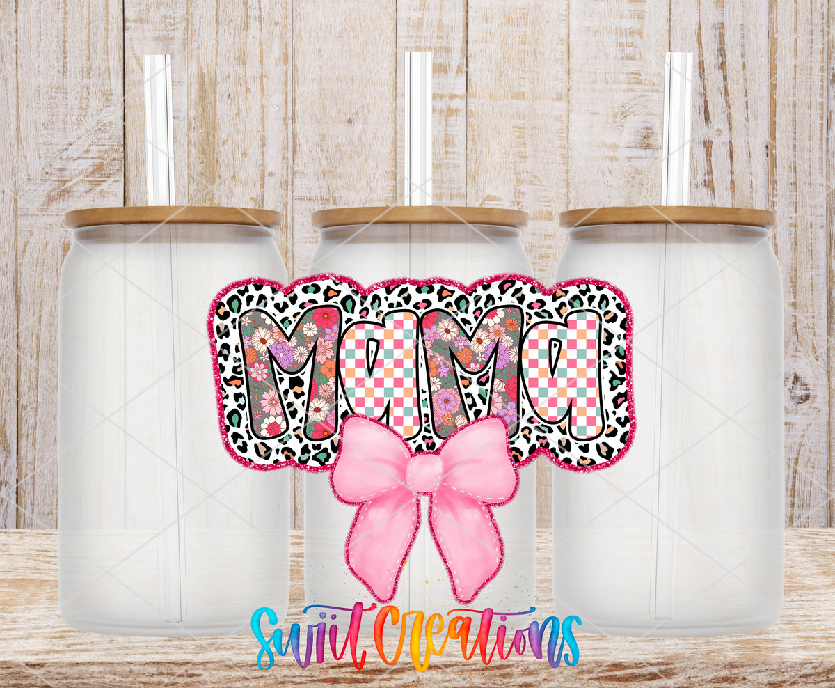 Mama Coquette frosted glass tumbler mockup with bamboo lids and straws