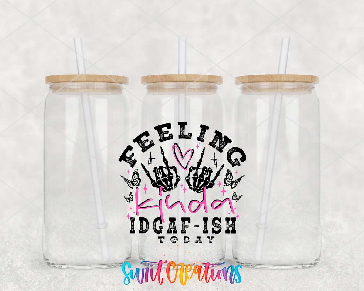 Feeling Kinda IDGAF-ish Today clear glass tumbler group mockup with bamboo lids and straws